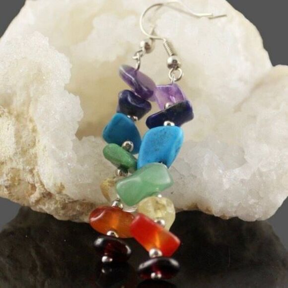 Natural Stone Dangle Earrings Womens Statement 7 Multi Color Chakra Jewelry New - Picture 2 of 4